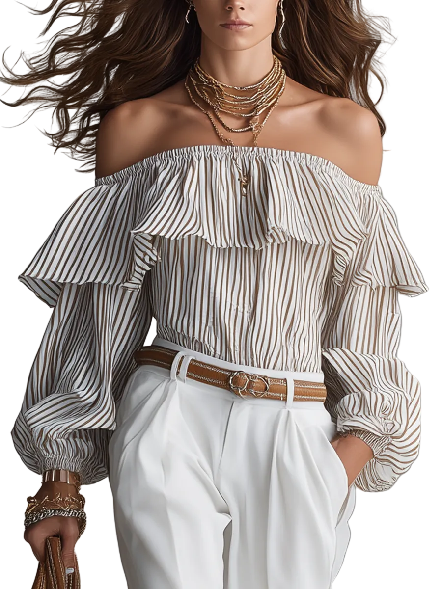 Romantic Off-Shoulder Striped Ruffle Blouse