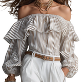Romantic Off-Shoulder Striped Ruffle Blouse