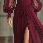 VESTIDO LARGO BURDEOS DE CHIFÓN CON CUELLO ALTO - VALERINA MARBELLA