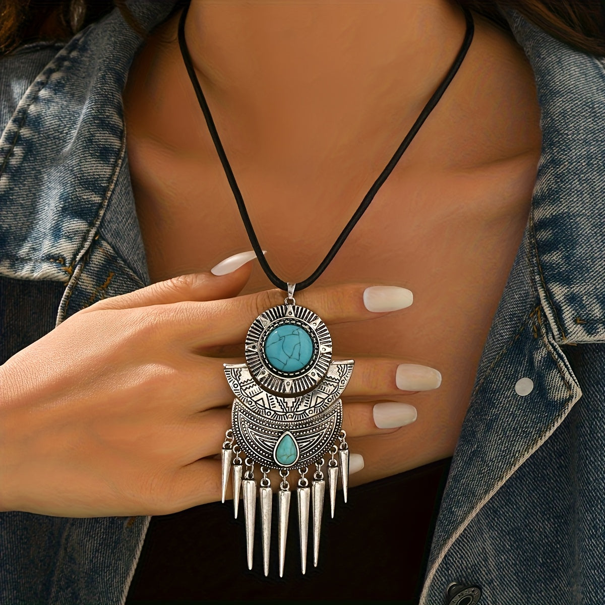 COLLAR BOHEMIO POINTE POMPON DESIGN TURQUESA COLGANTE