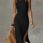 Stand-collar Split-hem Cotton And Linen Midi Dress