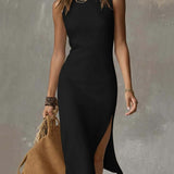 Stand-collar Split-hem Cotton And Linen Midi Dress