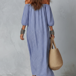 Blue And White Striped Off-the-shoulder Loose-fitting Resort Dress