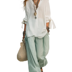 Bohemian Style White Shirt And Sage Green Trousers