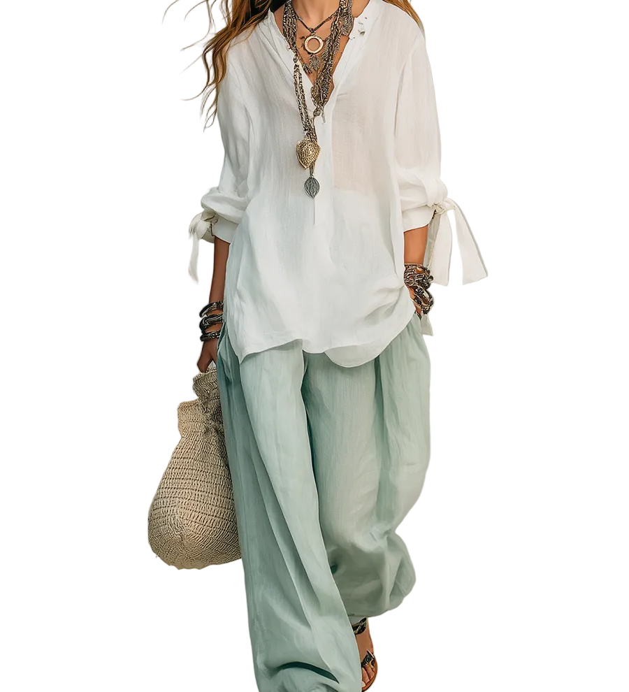 Bohemian Style White Shirt And Sage Green Trousers