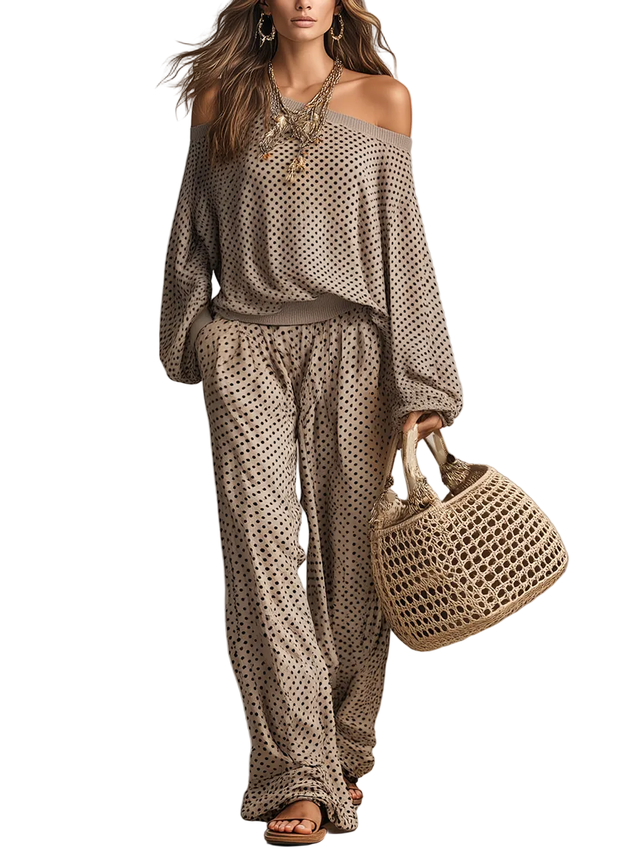 Chic Taupe Polka-Dot Off-the-Shoulder Oversized Top & Wide-Leg Trouser Co-ord Set