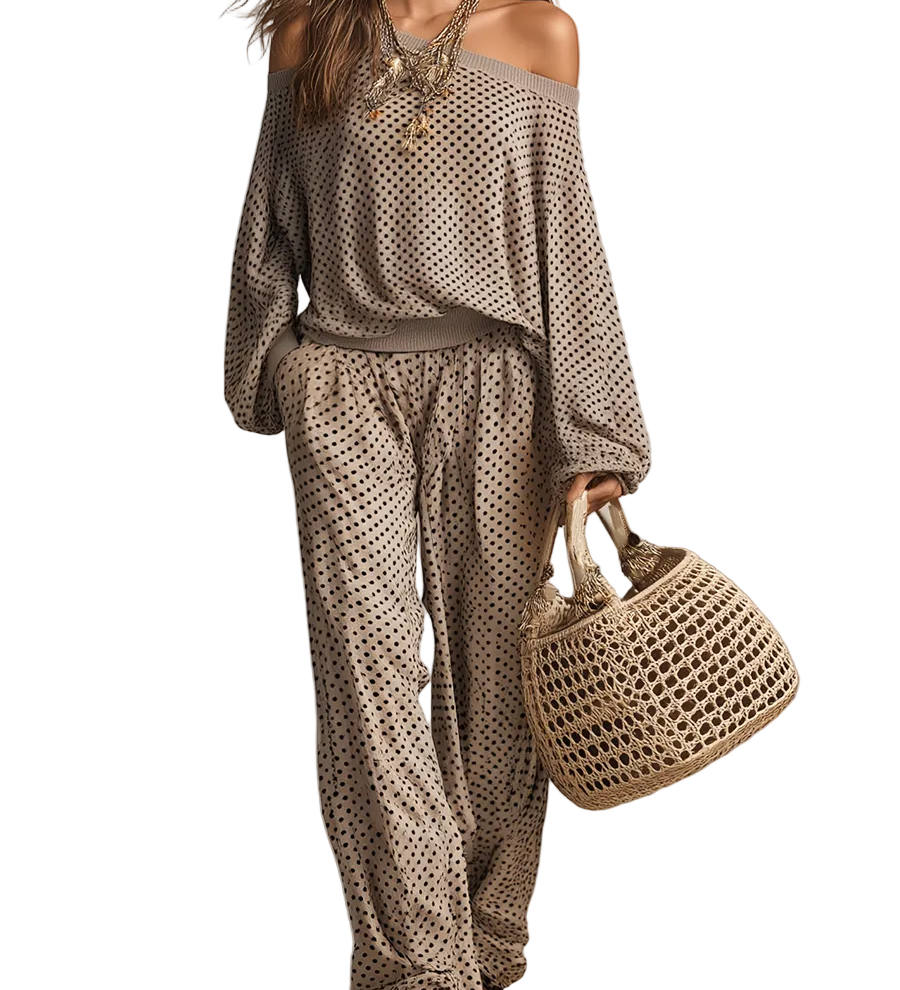Chic Taupe Polka-Dot Off-the-Shoulder Oversized Top & Wide-Leg Trouser Co-ord Set