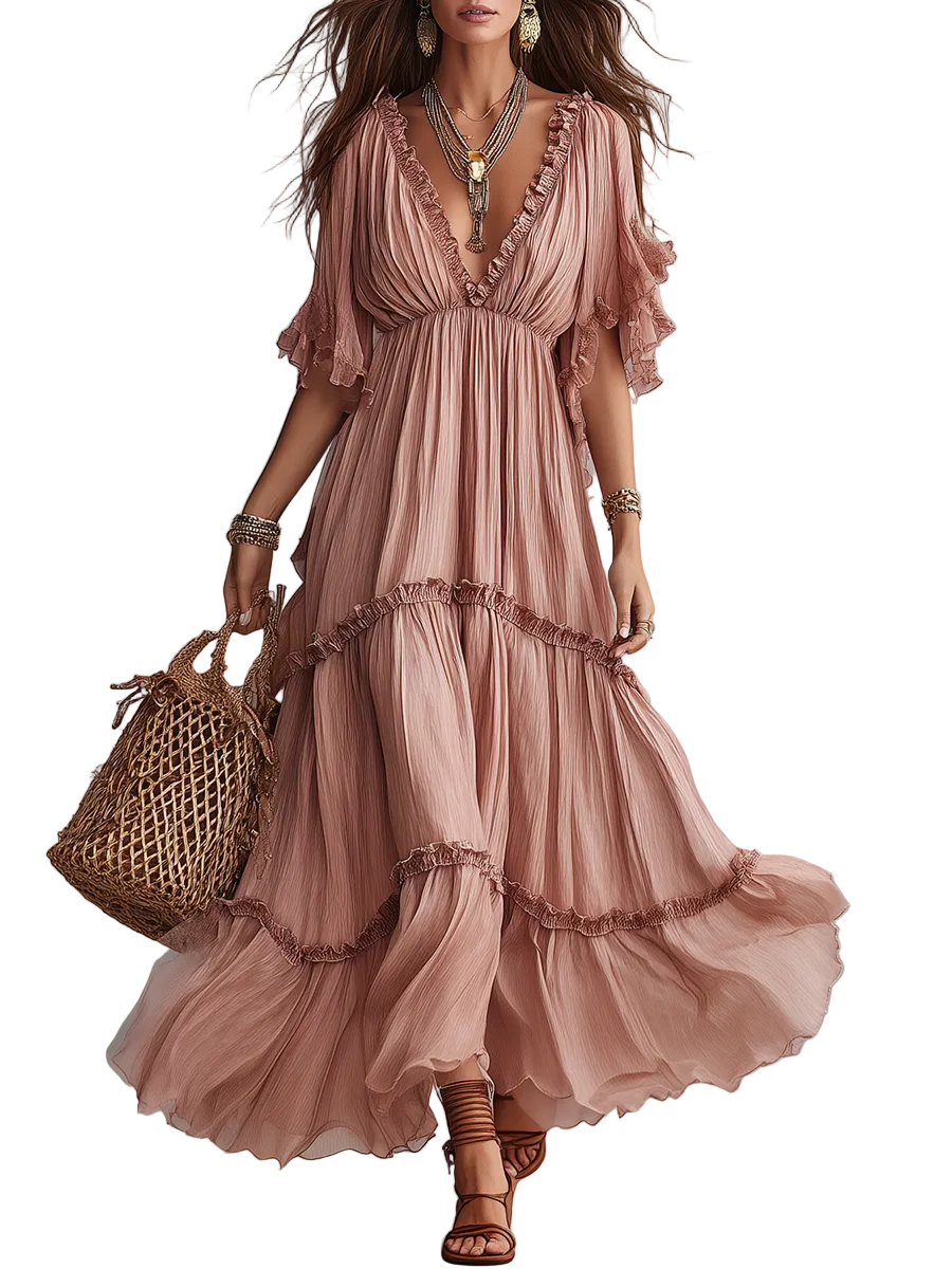 Soft Blush Ruffled Bohemian Maxi Dress