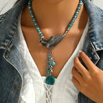 COLLAR VINTAGE BOHEMIO STYLE TURQUESA PERLES FEUILLE COLGANTE
