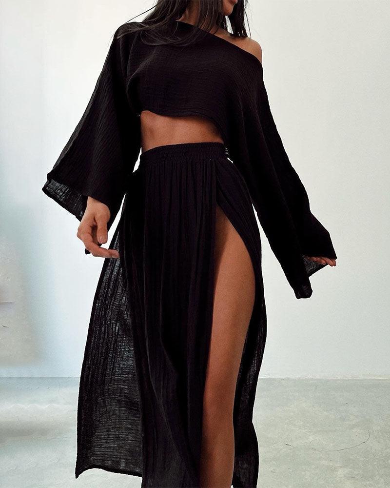 Conjunto casual de duas peças em algodão e linho com fenda elegante.