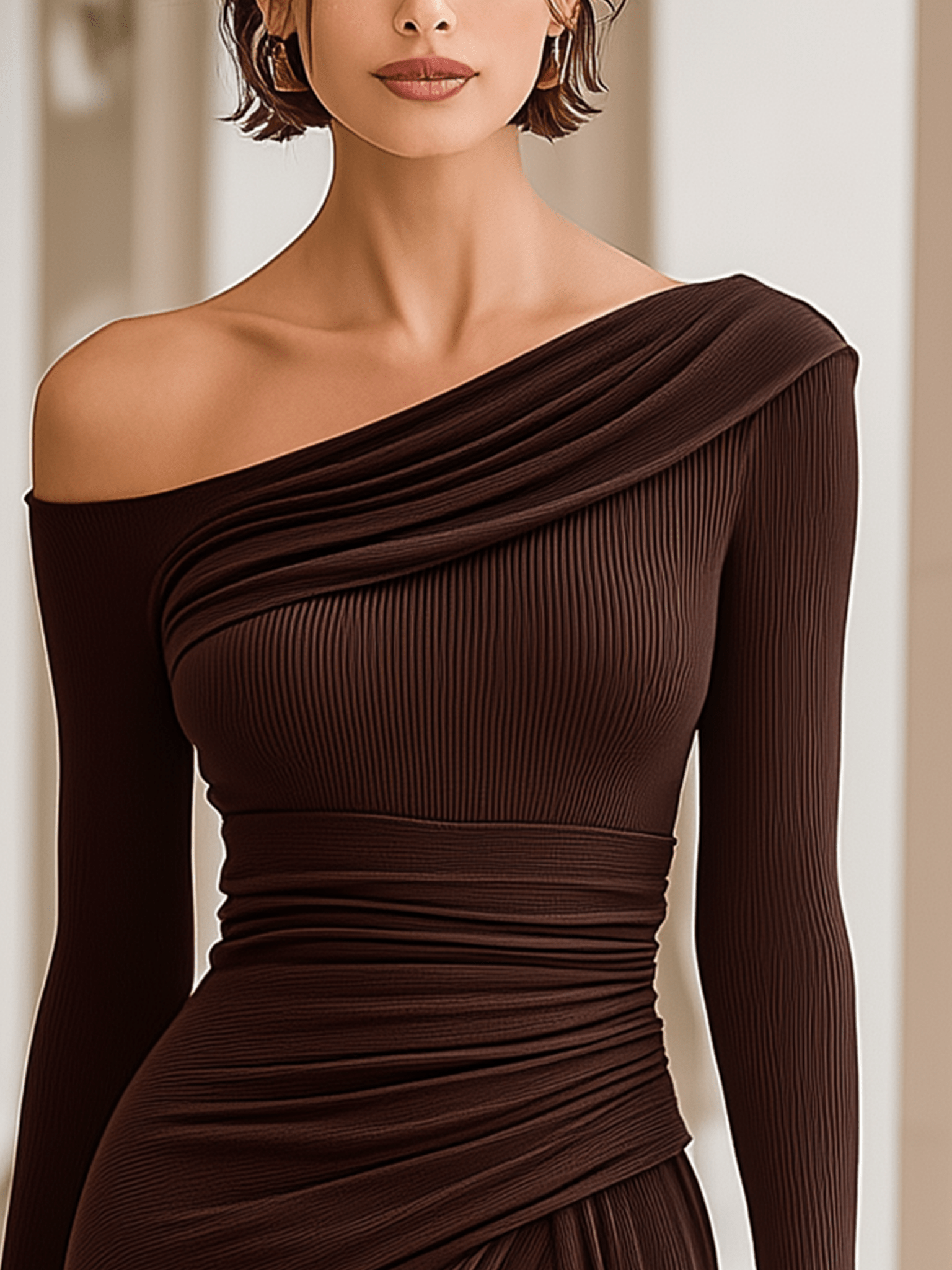 VESTIDO LARGO DE PUNTO CANALÉ MARRÓN CHOCOLATE CON UN HOMBRO - VALERINA MARBELLA