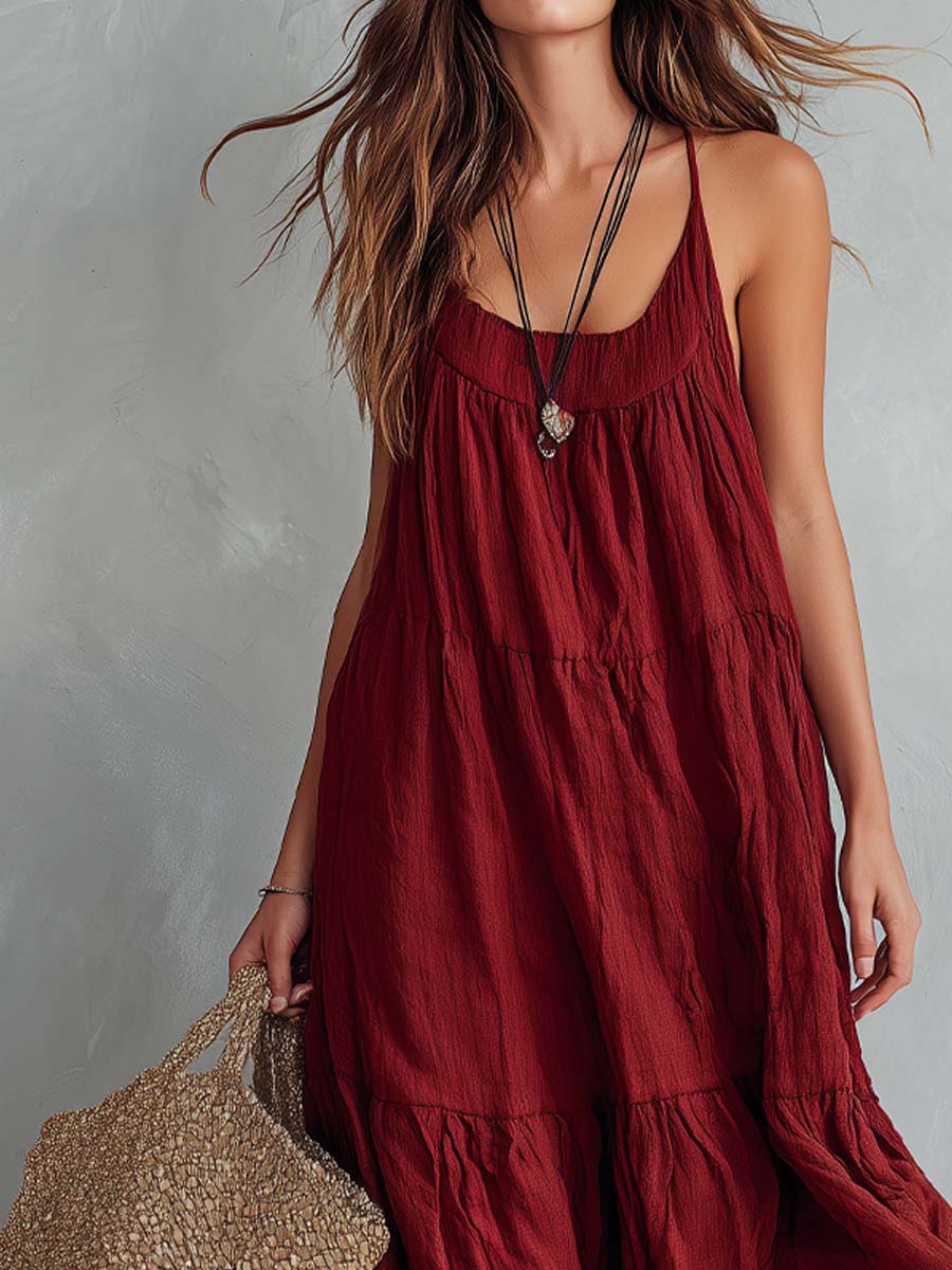 Relaxed Spaghetti Straps Cotton Linen Maxi Dress