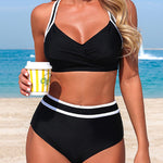 Stylish Color-blocked Striped High-waisted Two-piece Stretch Bikini Swimsuit