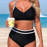 Stylish Color-blocked Striped High-waisted Two-piece Stretch Bikini Swimsuit