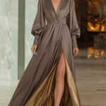 VESTIDO MAXI DE SATÉN TAUPE CON MANGAS ABULLONADAS - VALERINA MARBELLA