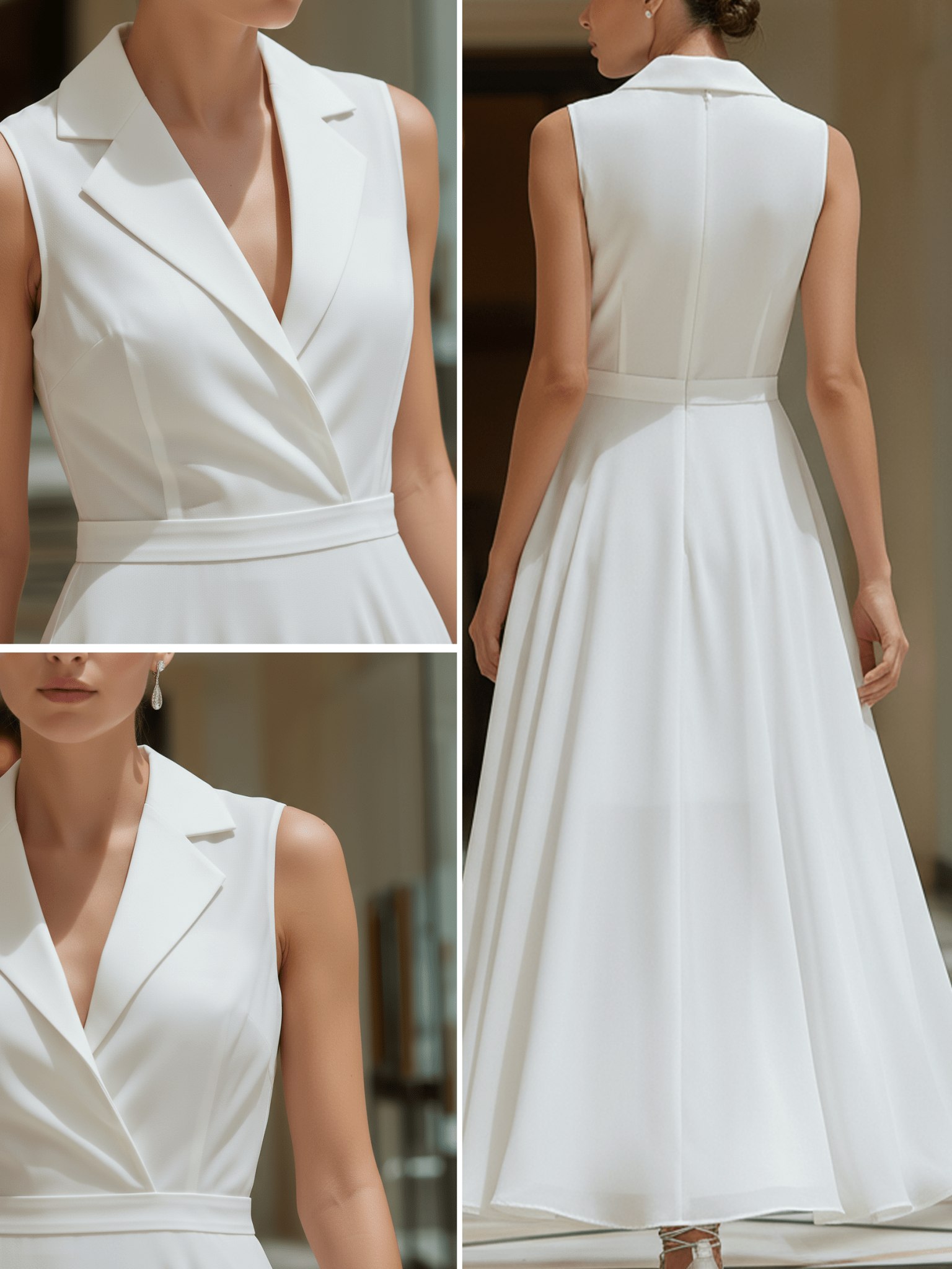 VESTIDO MIDI BLANCO DE GASA CON CUELLO BLAZER Y FORRO - VALERINA MARBELLA