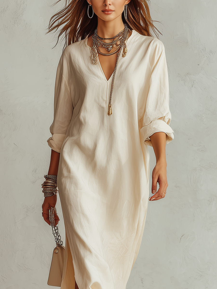 Off-white Shirt-style Long Dress With Side Slits.