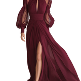 VESTIDO LARGO BURDEOS DE CHIFÓN CON CUELLO ALTO - VALERINA MARBELLA