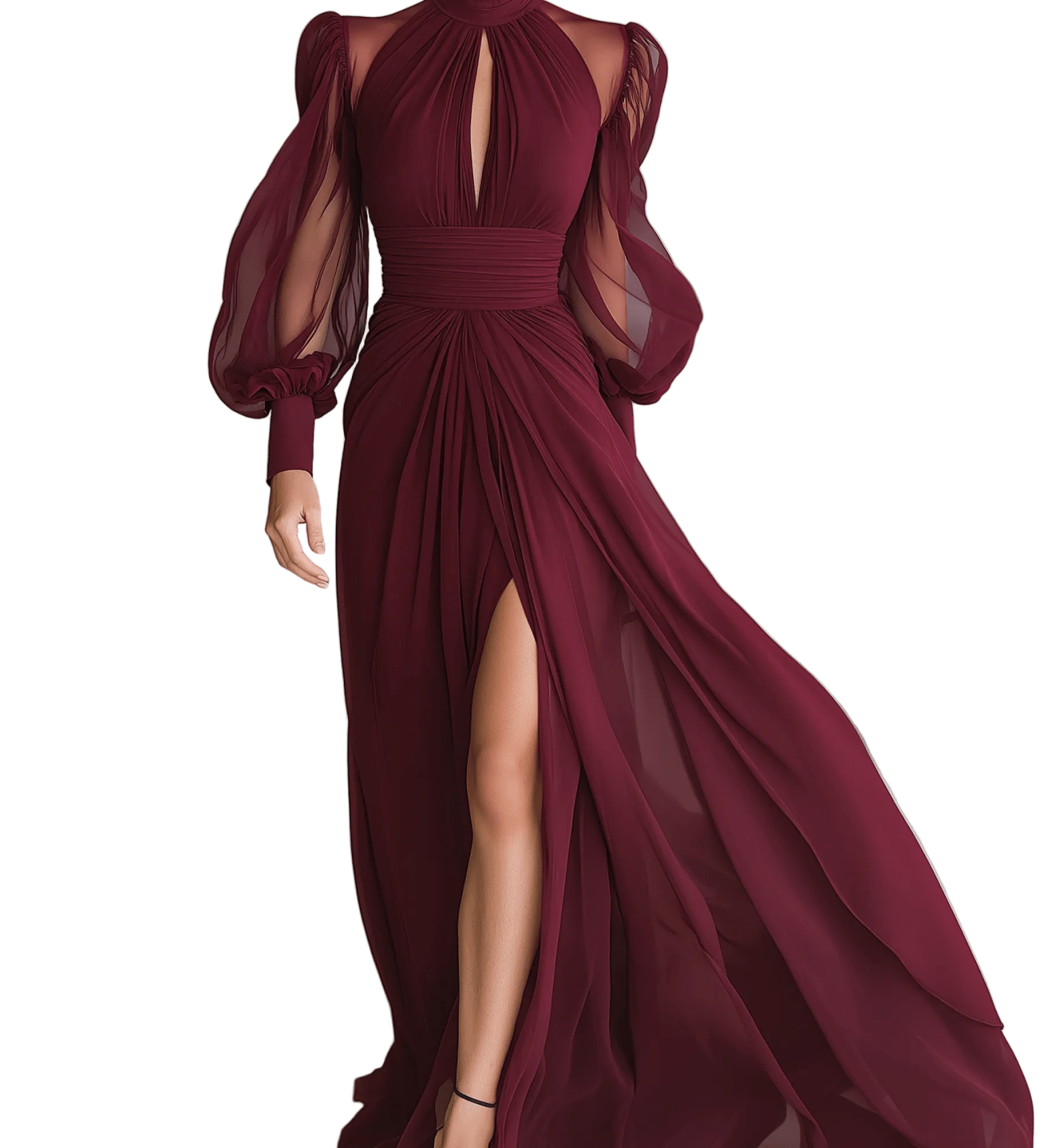 VESTIDO LARGO BURDEOS DE CHIFÓN CON CUELLO ALTO - VALERINA MARBELLA