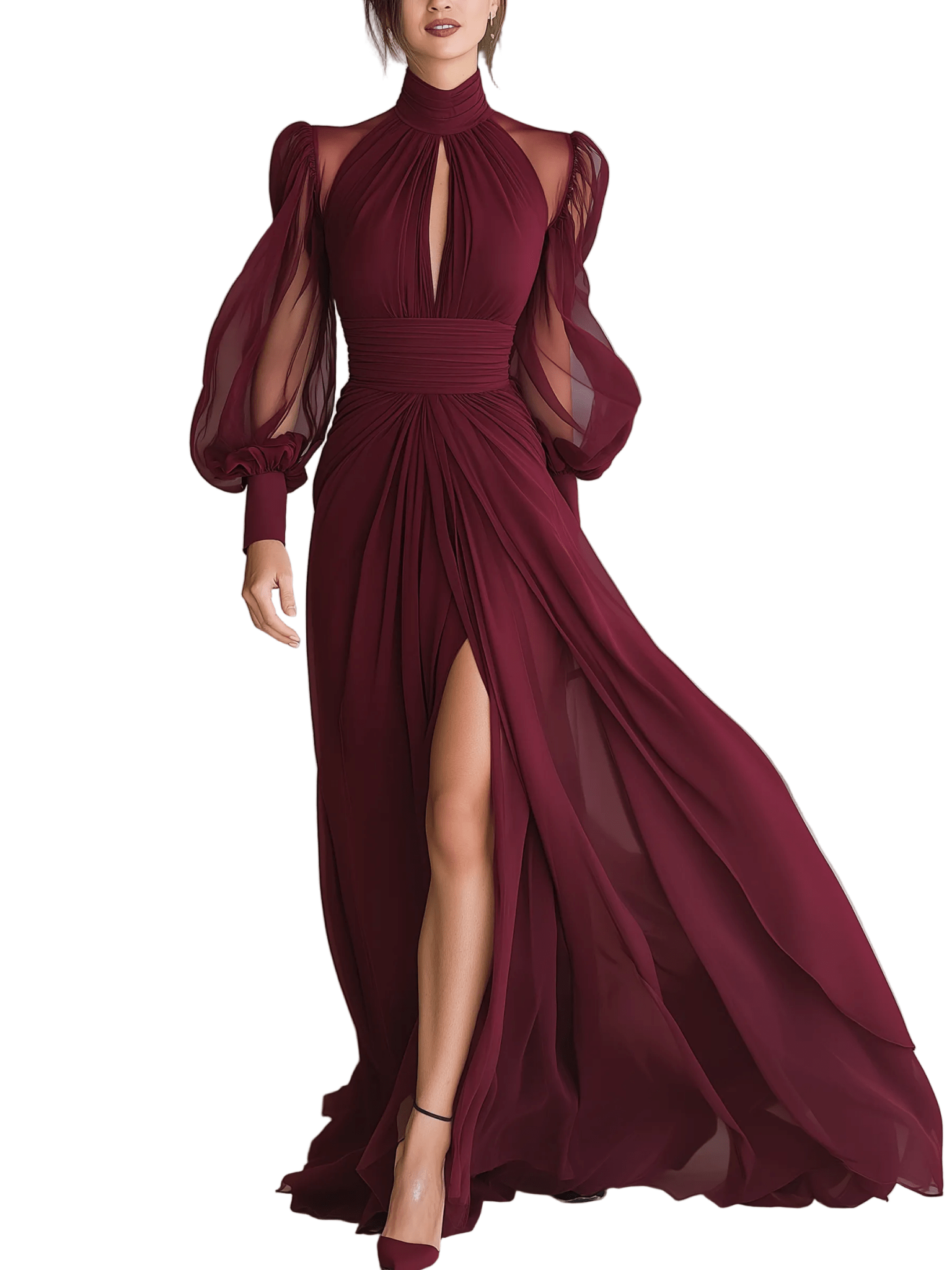 VESTIDO LARGO BURDEOS DE CHIFÓN CON CUELLO ALTO - VALERINA MARBELLA