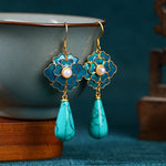 PENDIENTES ELEGANTE VINTAGE TURQUESA FLORAL DESIGN & PERLA GOTA