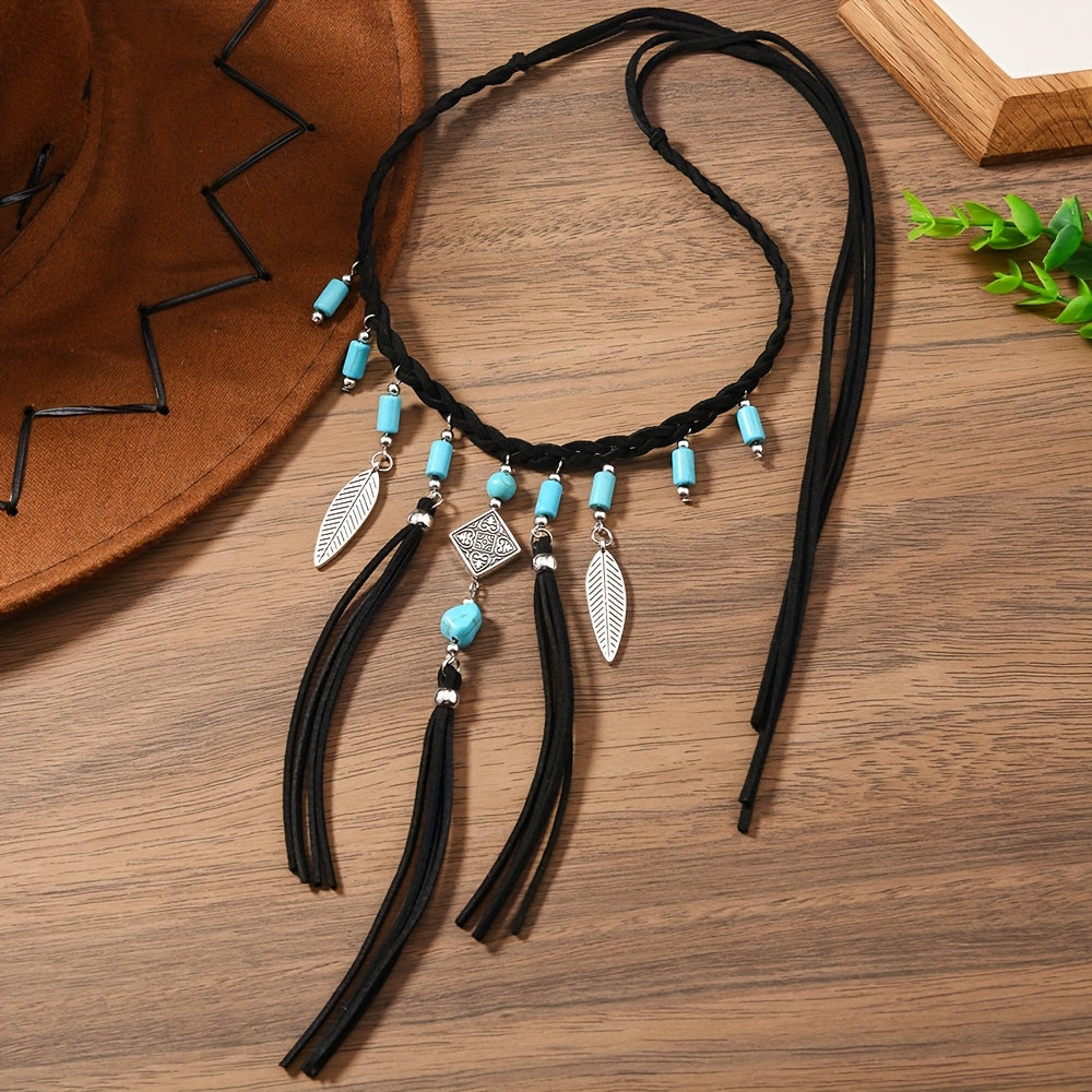 COLLAR BOHEMIO TURQUESA PERLES PLATA PLUMA POMPON