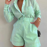 Conjunto de shorts folgados de manga comprida em algodão e linho