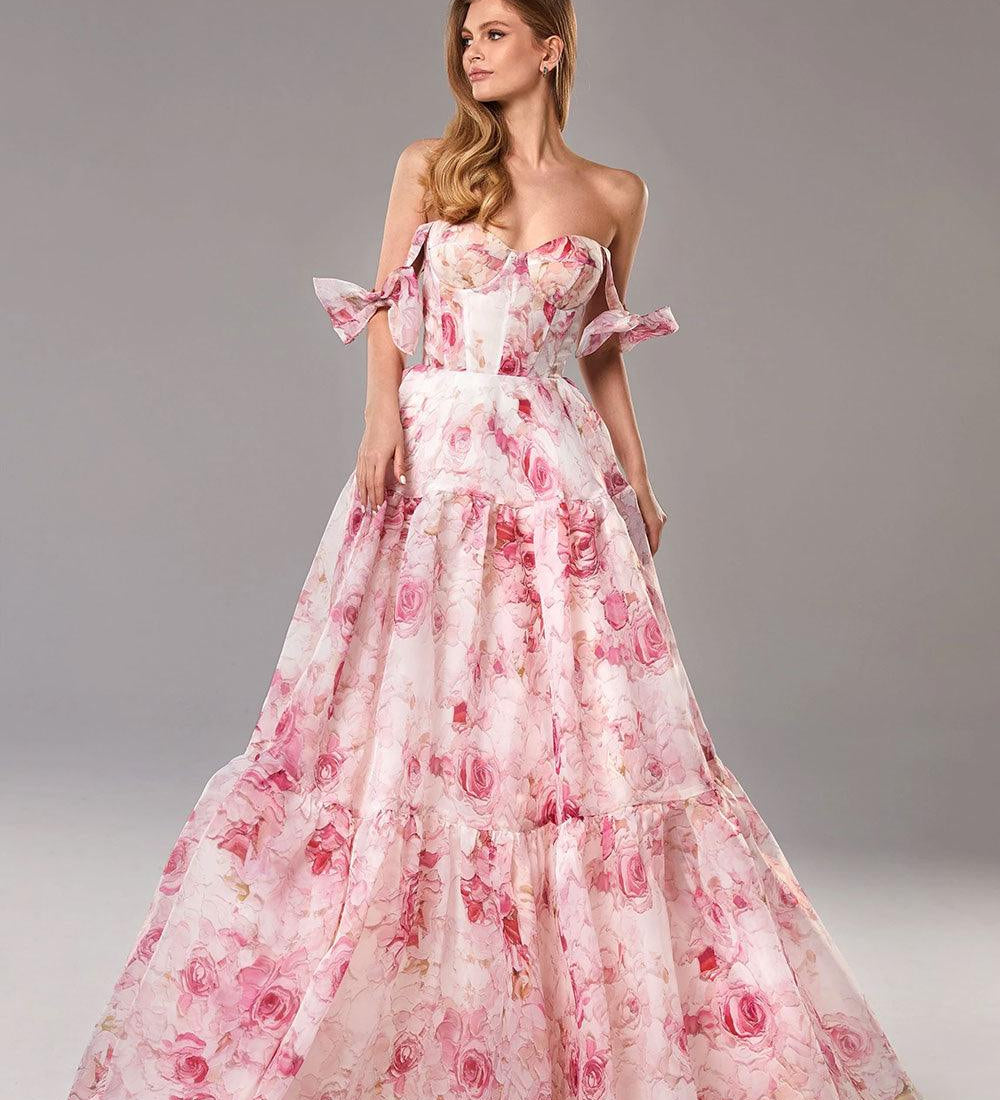Organza Floral Print Tie Strap Maxi Dress