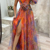 Picturesque Beauty Tulle Floral Pleated One Shoulder Sleeve Slit Maxi Dress