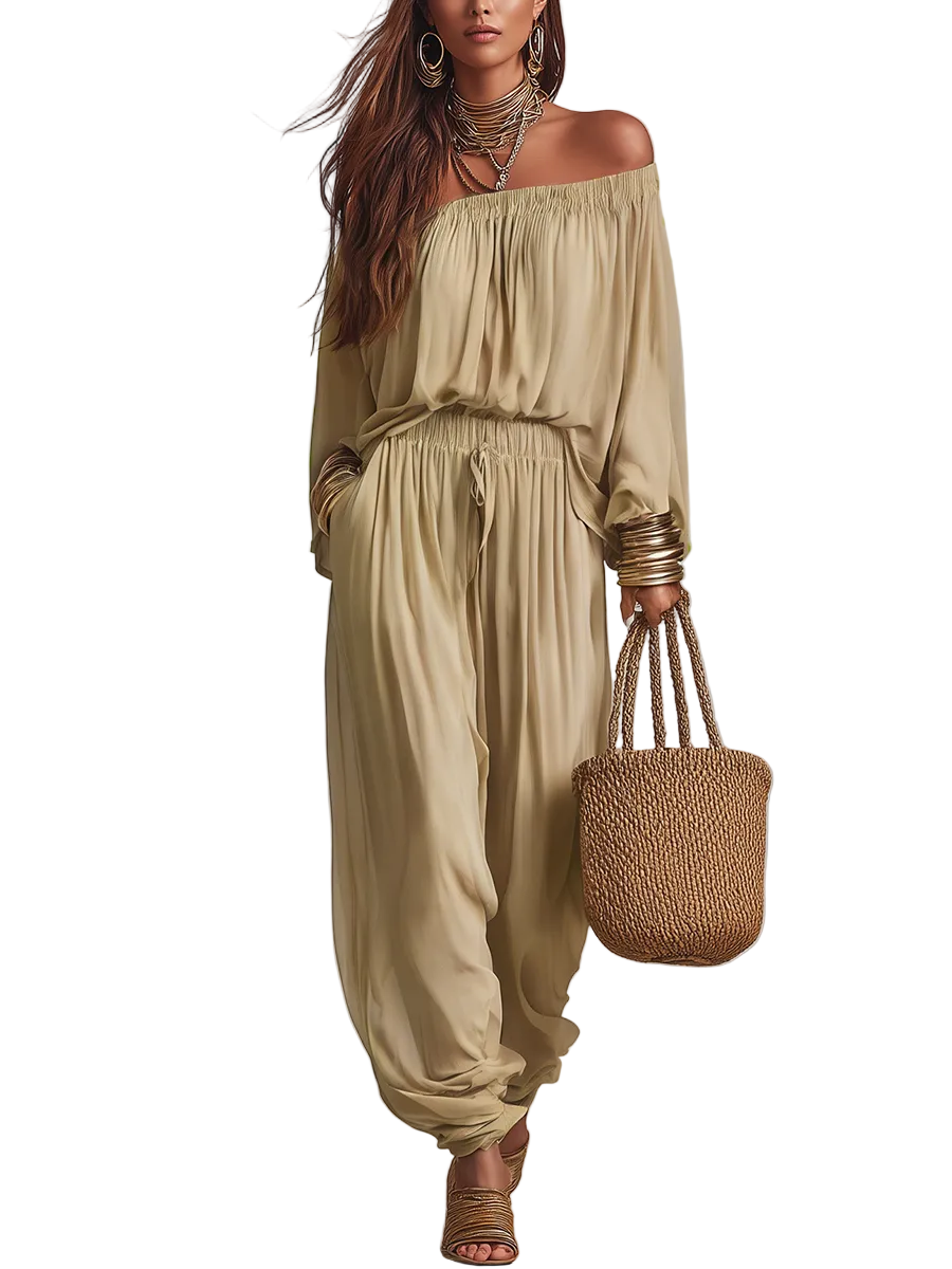Effortless Dune Beige Off-the-Shoulder Draped Harem Trouser Co-ord Set