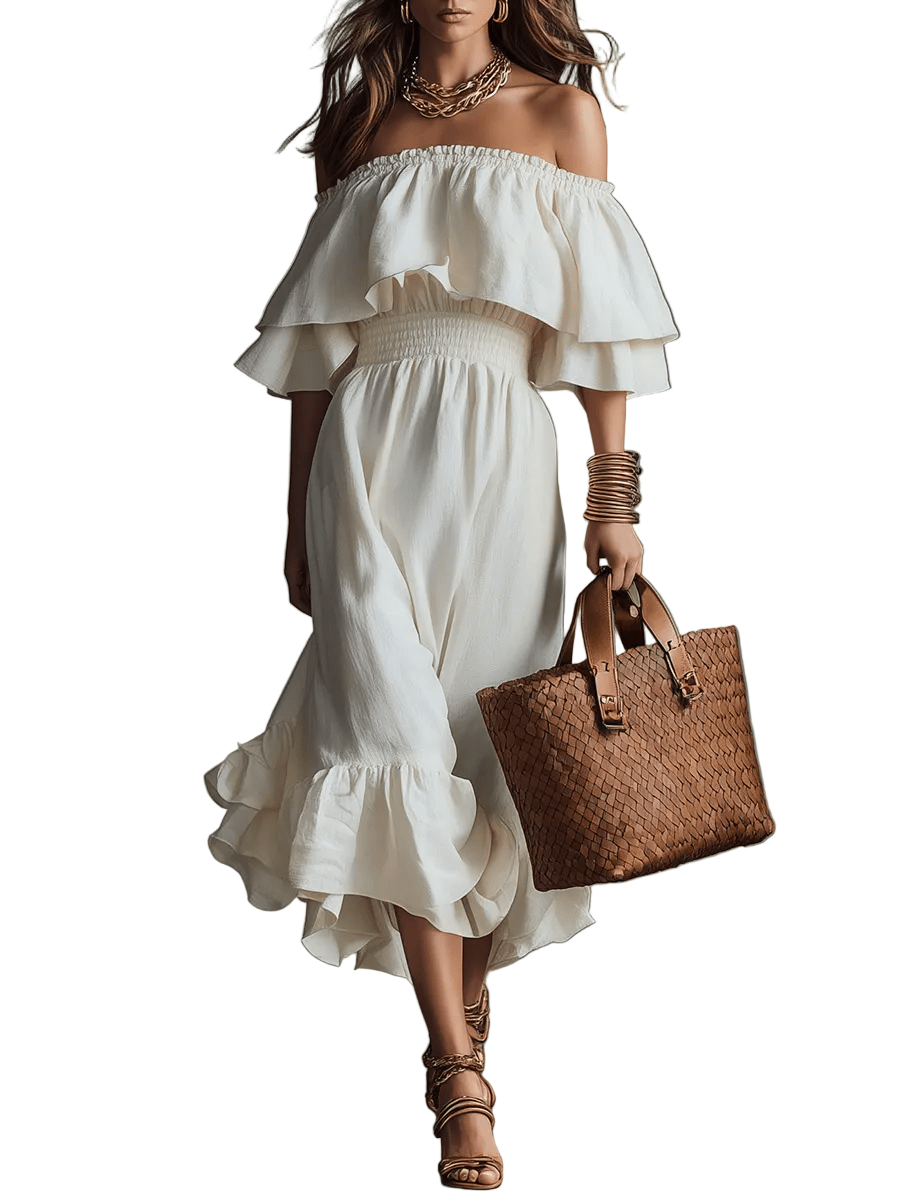 VESTIDO MIDI ELEGANTE CON HOMBROS DESCUBIERTOS - VALERINA MARBELLA