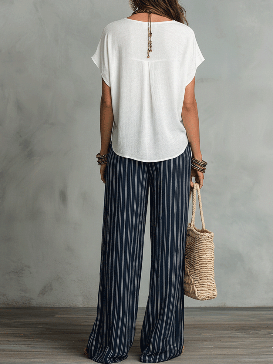 Relaxed Effortless Bohemian Stripe Wide-Leg Pants Set