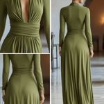 VESTIDO LARGO VERDE OLIVA CON ESCOTE EN PICO Y CINTURA FRUNCIDA - VALERINA MARBELLA