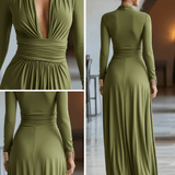 VESTIDO LARGO VERDE OLIVA CON ESCOTE EN PICO Y CINTURA FRUNCIDA - VALERINA MARBELLA