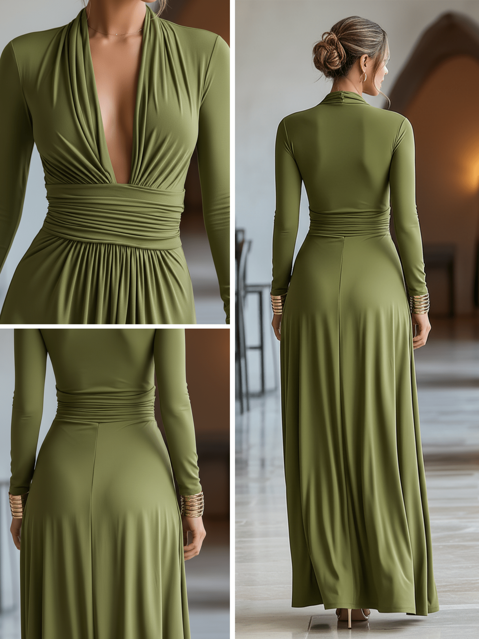 VESTIDO LARGO VERDE OLIVA CON ESCOTE EN PICO Y CINTURA FRUNCIDA - VALERINA MARBELLA