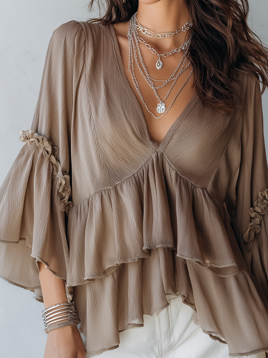 Lazy Style Brown Vneck Double Layered Ruffle Top
