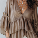Lazy Style Brown Vneck Double Layered Ruffle Top