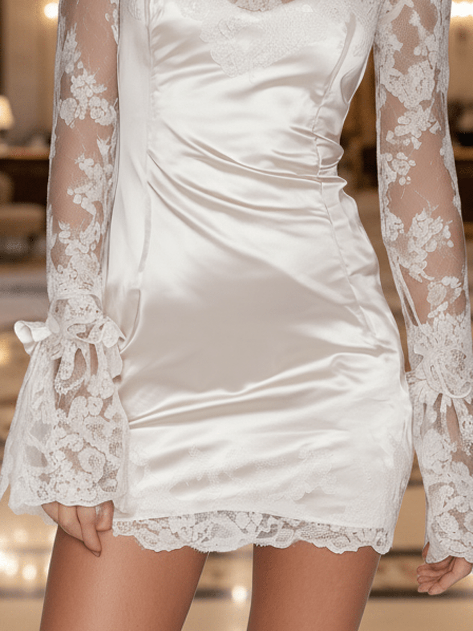 VESTIDO CORTO BLANCO DE SATÉN Y ENCAJE CON MANGA LARGA - VALERINA MARBELLA