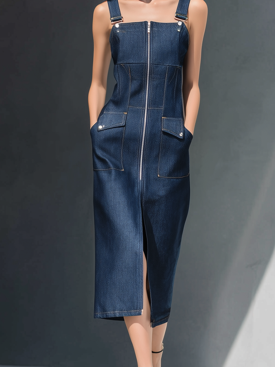 Tailored Utility Denim Midi Dress