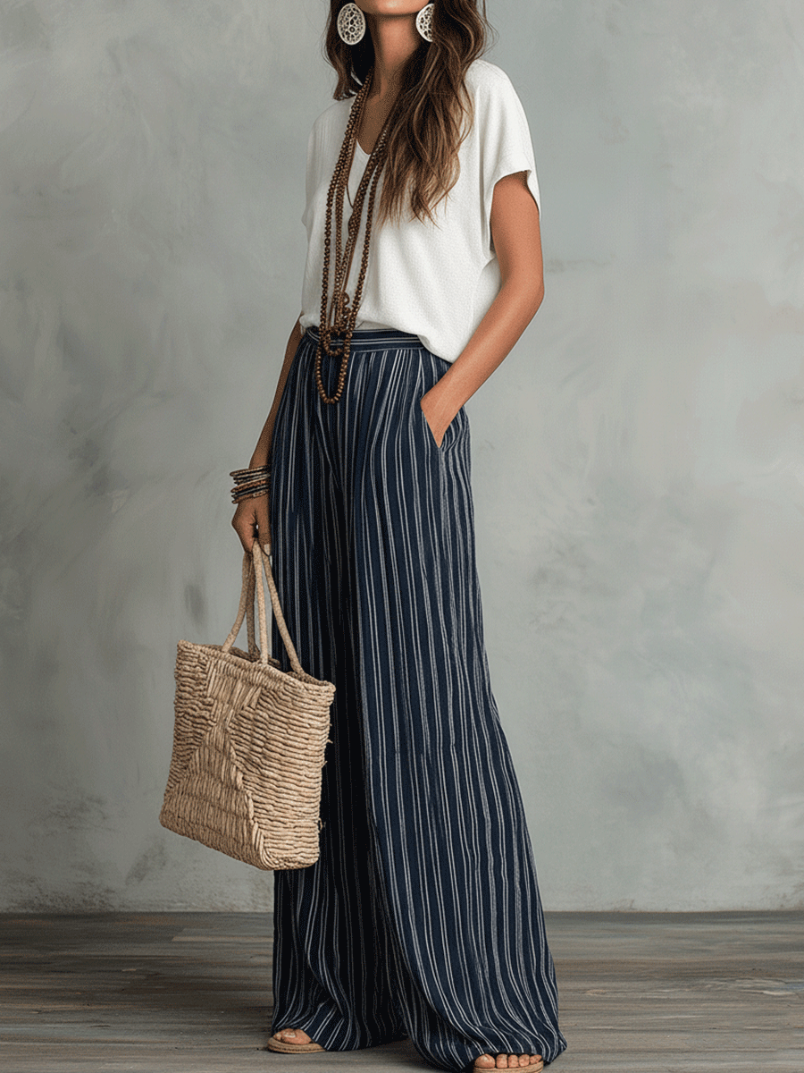 Relaxed Effortless Bohemian Stripe Wide-Leg Pants Set