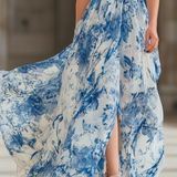 Blue And White Printed Halter-neck Maxi Dress