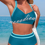 Stylish Color-blocked Striped High-waisted Two-piece Stretch Bikini Swimsuit