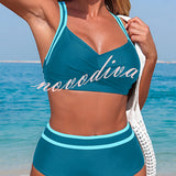 Stylish Color-blocked Striped High-waisted Two-piece Stretch Bikini Swimsuit