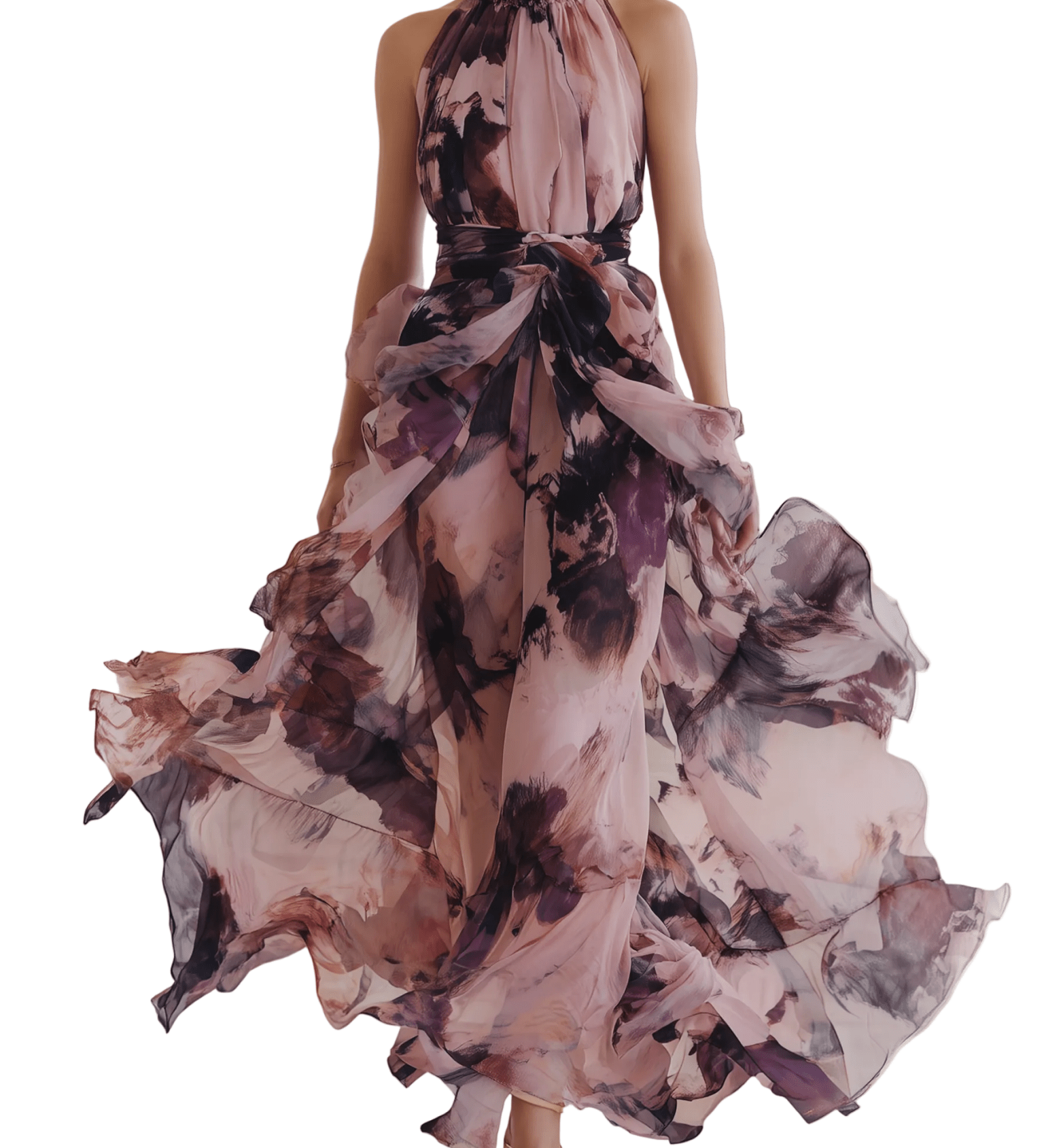 VESTIDO LARGO DE GASA FLORAL ACUARELA CON CUELLO HALTER - VALERINA MARBELLA