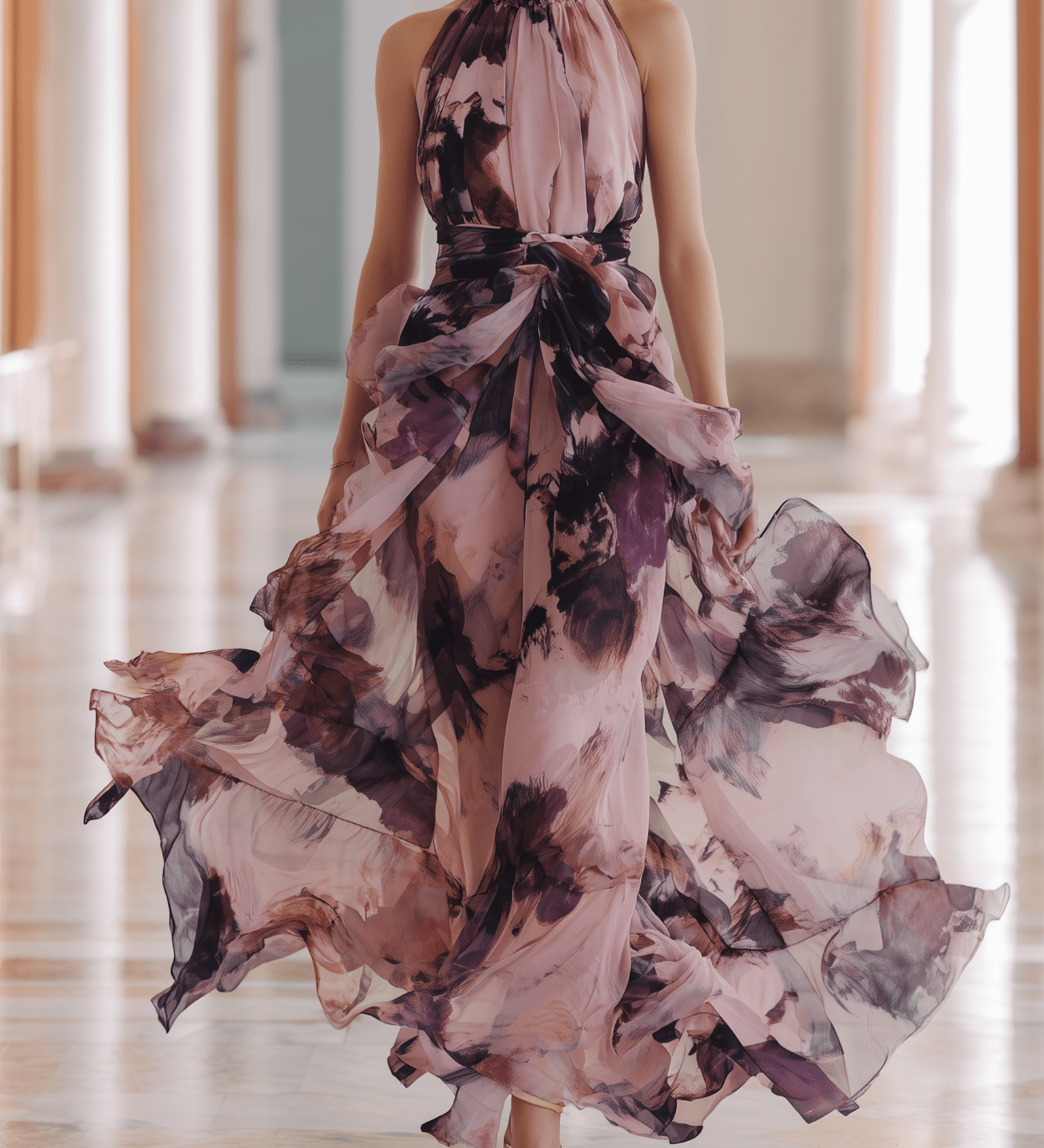 VESTIDO LARGO DE GASA FLORAL ACUARELA CON CUELLO HALTER - VALERINA MARBELLA