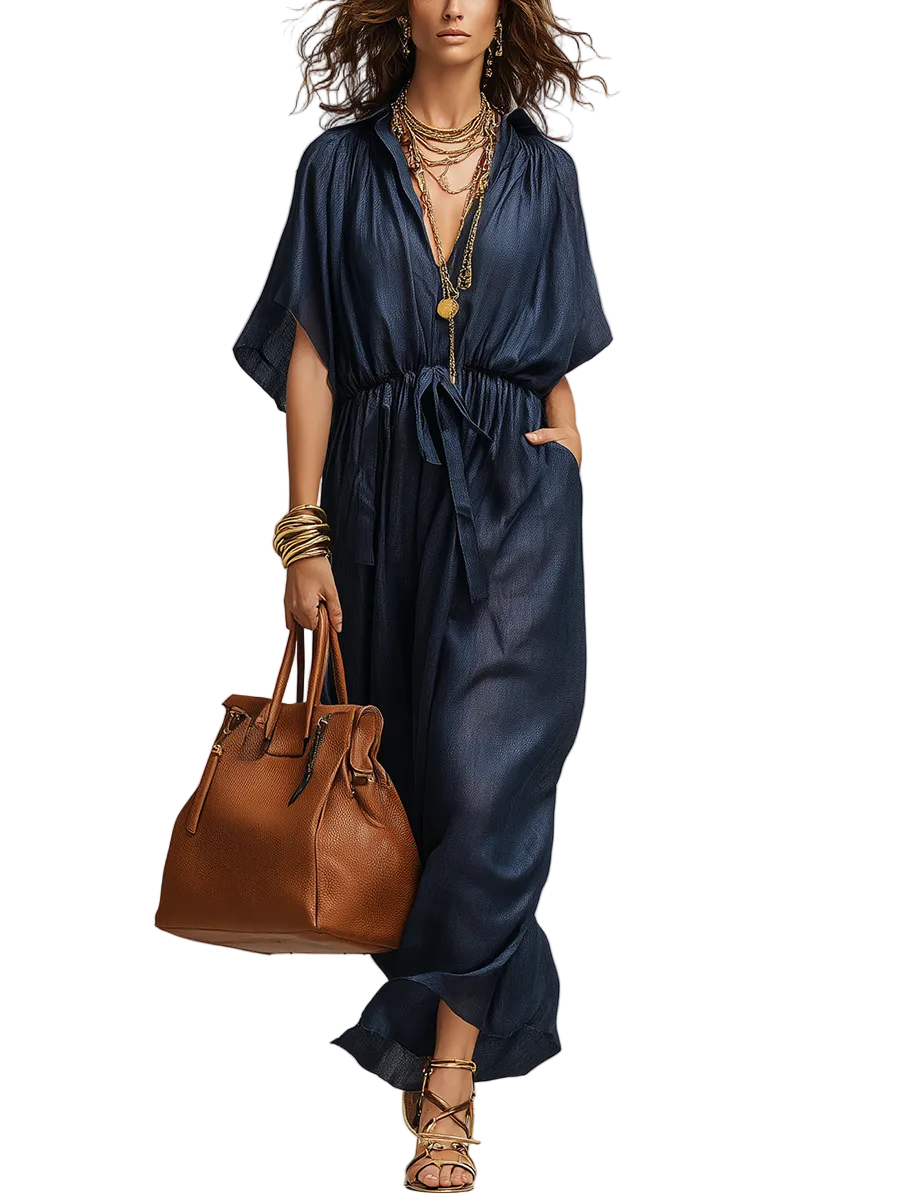 Sophisticated Navy Denim Drawstring Waist Maxi Dress