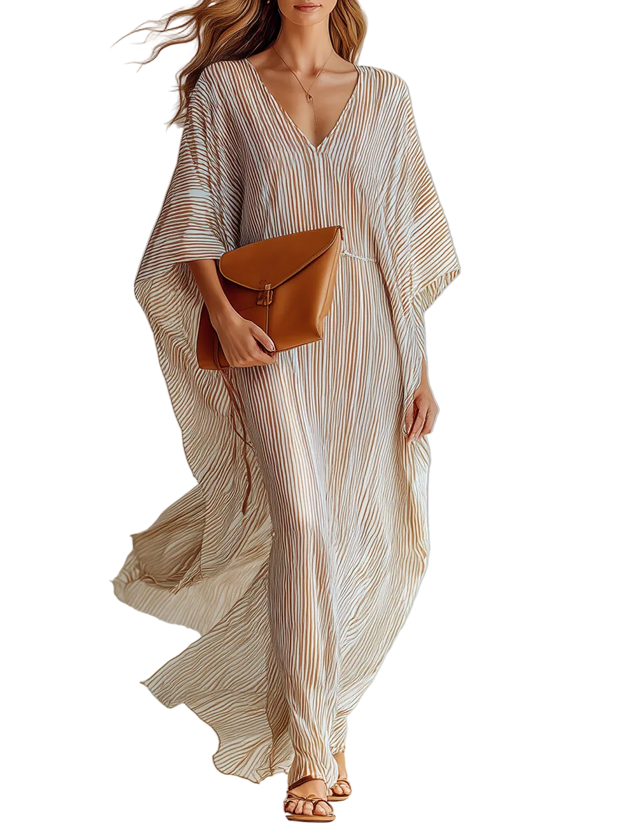 Striped Batwing Sleeve Kaftan Maxi Dress In Beige And Brown
