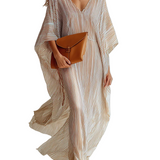 Striped Batwing Sleeve Kaftan Maxi Dress In Beige And Brown