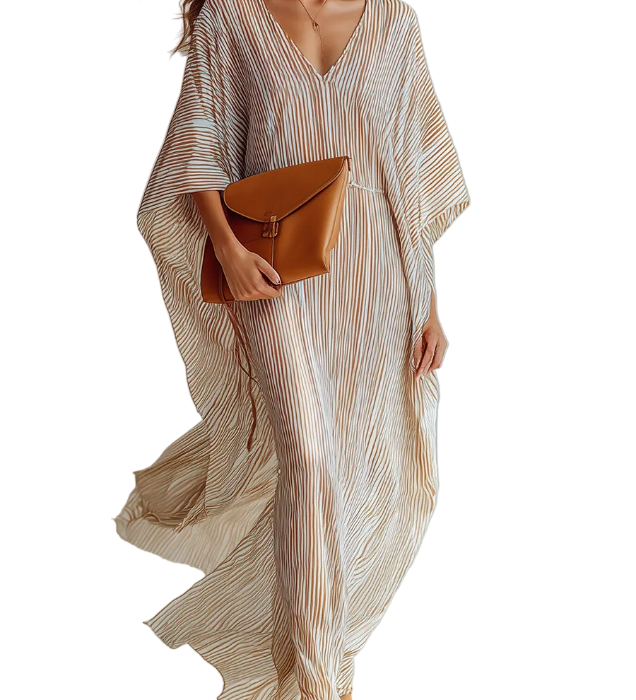 Striped Batwing Sleeve Kaftan Maxi Dress In Beige And Brown