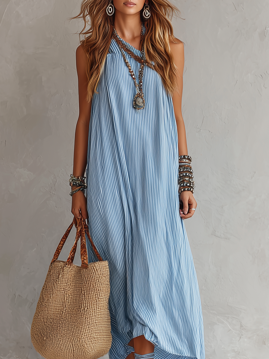 Light Blue Striped Off-the-shoulder Bohemian Style Dress